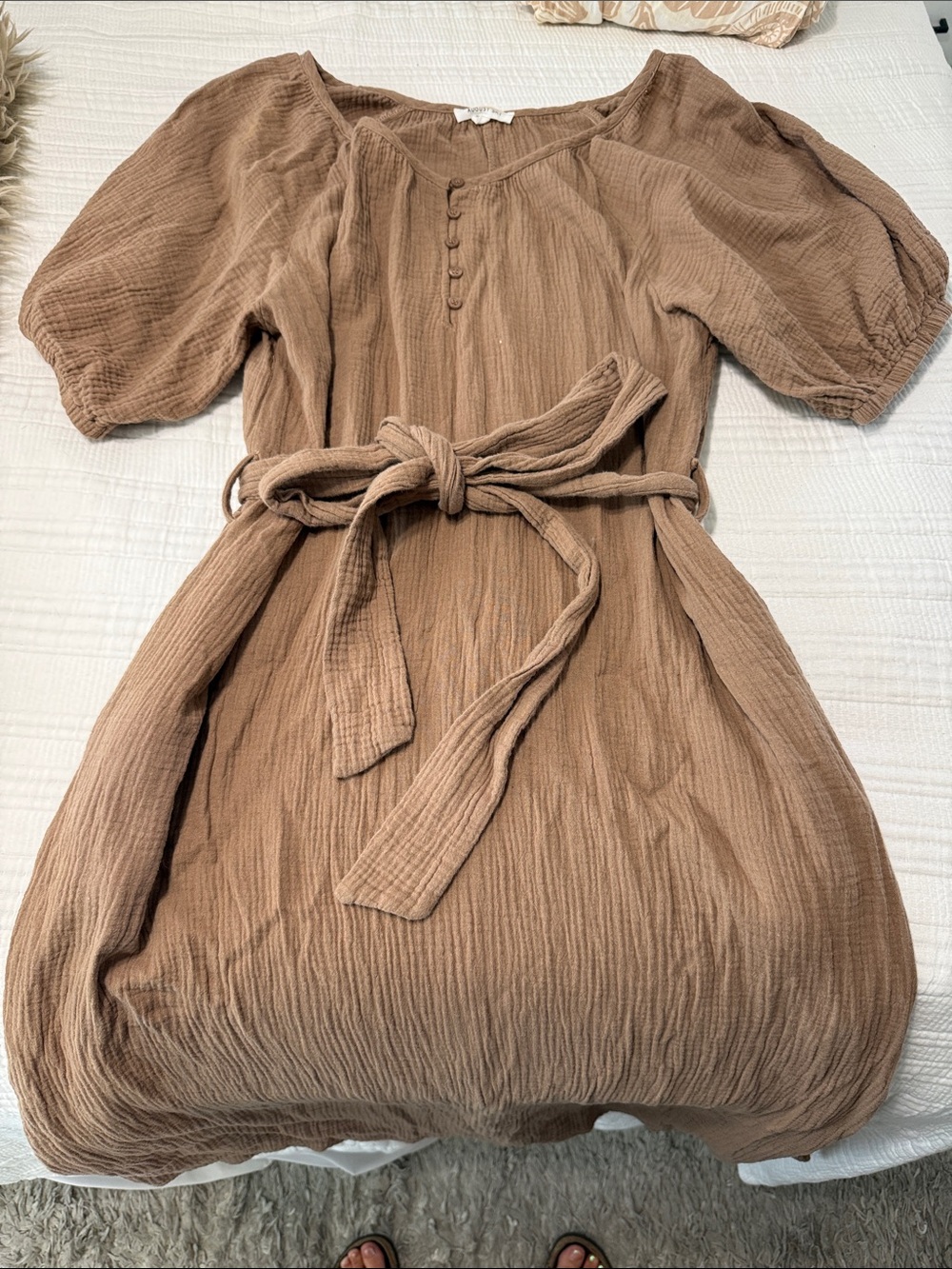 Women’s Brown Gauze Belted Puff-Sleeve Dress